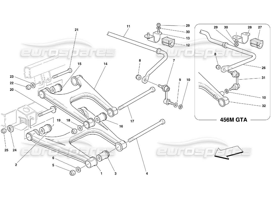 Ferrari 456 M GT/M GTA Hinterradaufhängung – Querlenker und Stabilisator Teildiagramm