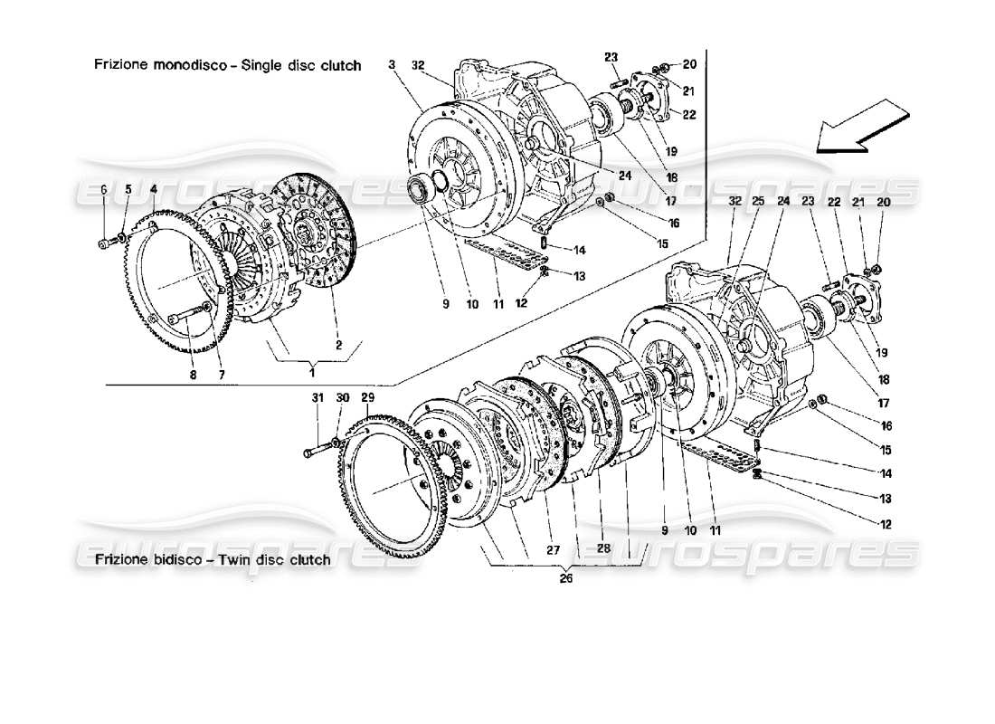 Ferrari Mondial 3.4 t Coupe/Cabrio Einzel- und Doppelscheibenkupplung Teilediagramm