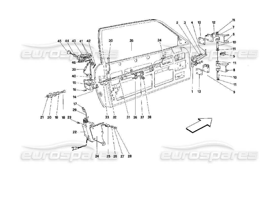 Ferrari Mondial 3.4 t Coupe/Cabrio Türen – Coupé – Öffnungssteuerung und Scharniere Teilediagramm