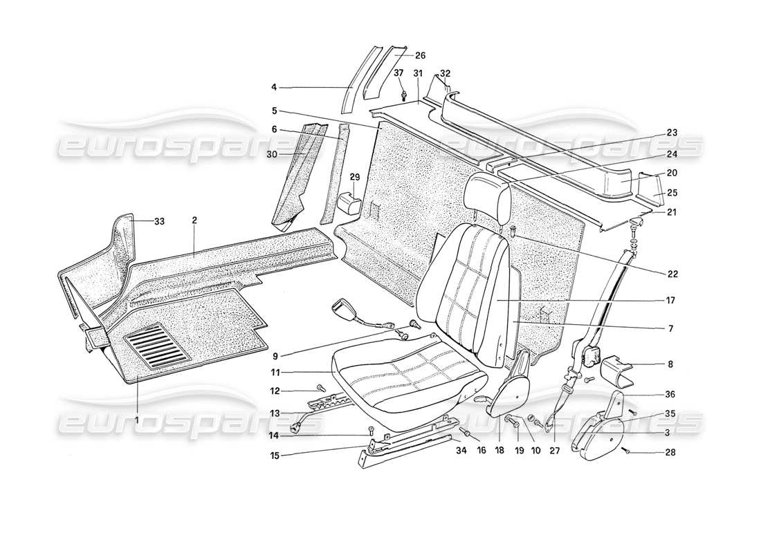 Ferrari 208 Turbo (1989) Innenausstattung, Zubehör und Sitze Teilediagramm