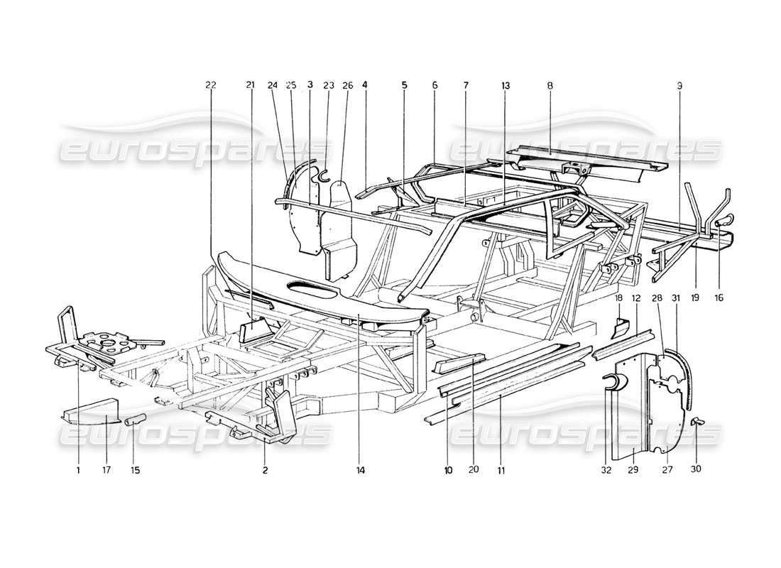 Ferrari 308 GT4 Dino (1979) Körperschale – innere Elemente Teilediagramm