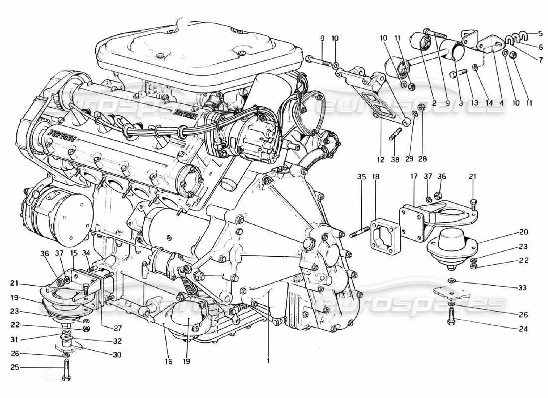 Ferrari 308 GTB (1976) Motor – Getriebe und Stützen Teilediagramm