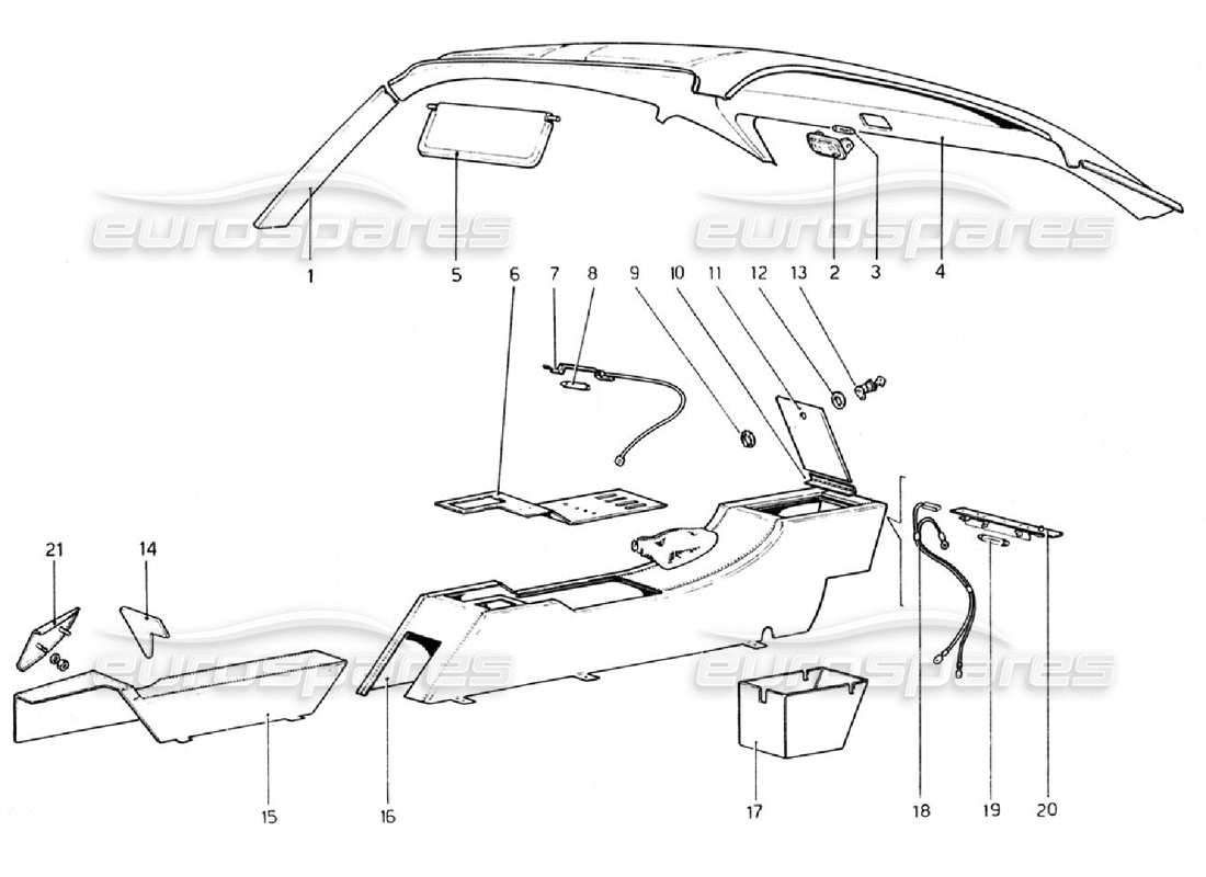 Ferrari 308 GTB (1976) Tunnel und Dach (Gültig für RHD-Aus-Versionen) Teilediagramm