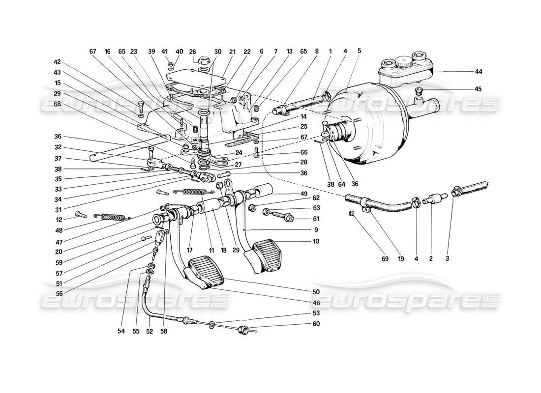 Ferrari 308 (1981) GTBi/GTSi Pedalbrett – Brems- und Kupplungssteuerung Teilediagramm