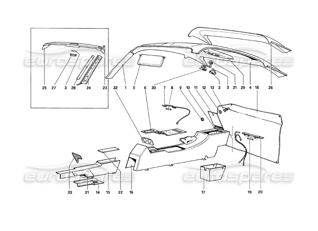 Ferrari 308 (1981) GTBi/GTSi Tunnel- und Dachtisch Teilediagramm