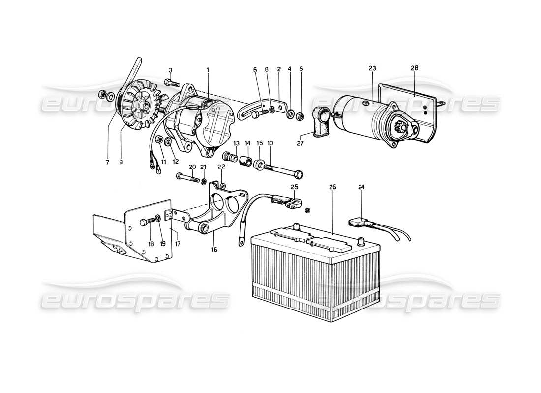 Ferrari 246 Dino (1975) Stromerzeugungssystem – Anlasser Teilediagramm