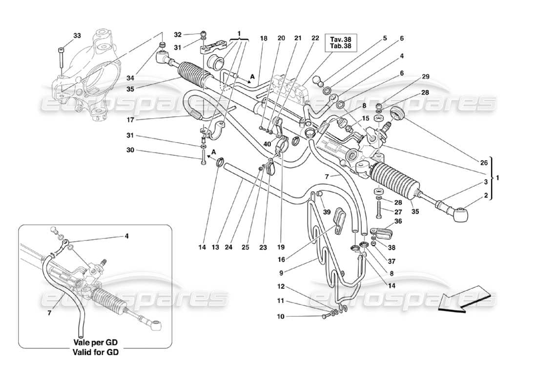 Ferrari 360 Challenge Stradale Hydraulisches Lenkgetriebe und Serpentine Teildiagramm