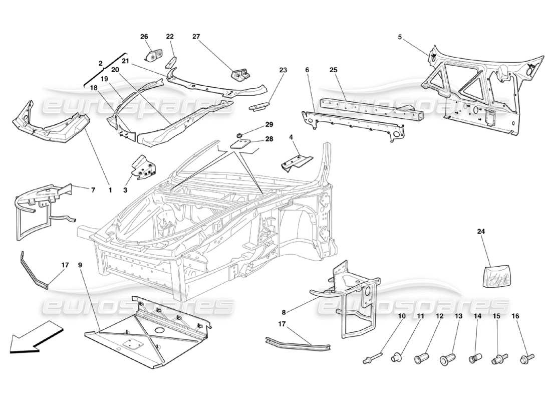 Ferrari 360 Challenge Stradale Rahmen – Komplette Vorderteilstrukturen und Platten Teilediagramm
