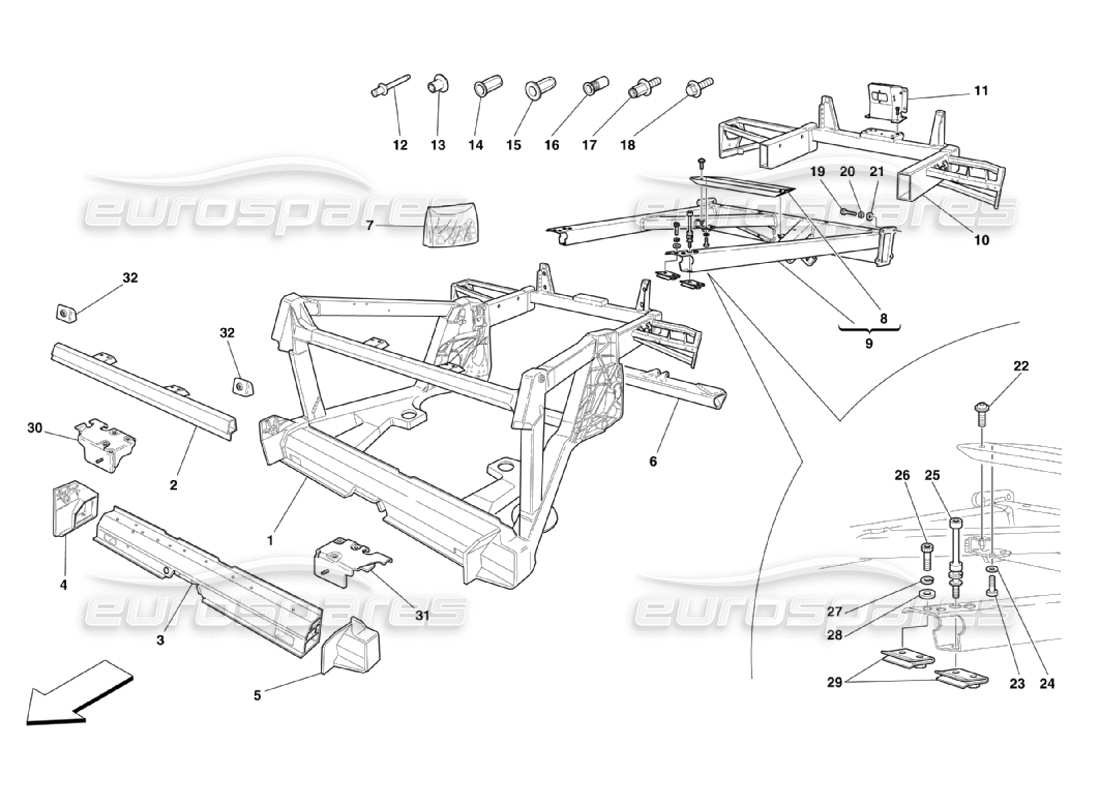 Ferrari 360 Challenge Stradale Rahmen – hintere Elemente, Strukturen und Platten Teilediagramm