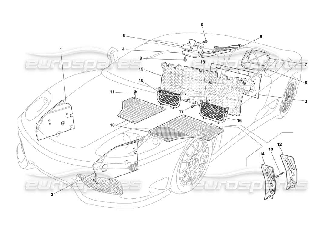Ferrari 360 Challenge Stradale Isolierungen und Fahrgastraumteppiche Teildiagramm
