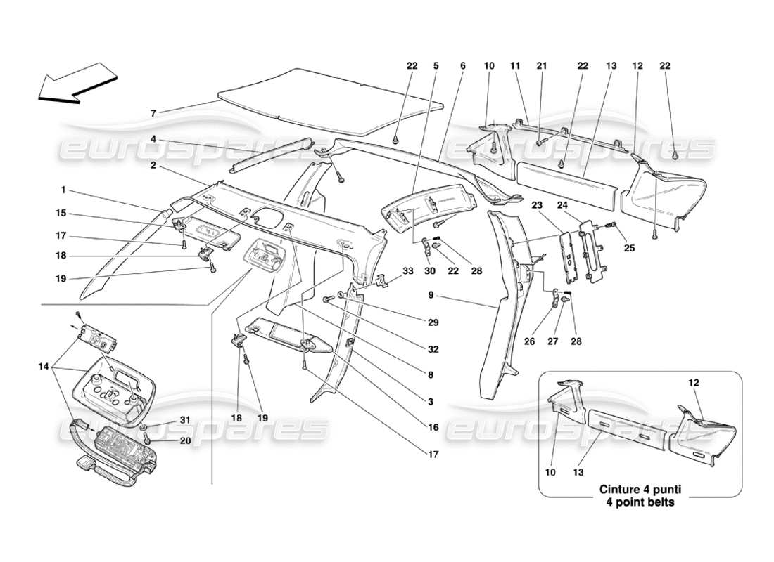 Ferrari 360 Challenge Stradale Dachpaneelpolsterung und Zubehör Teildiagramm