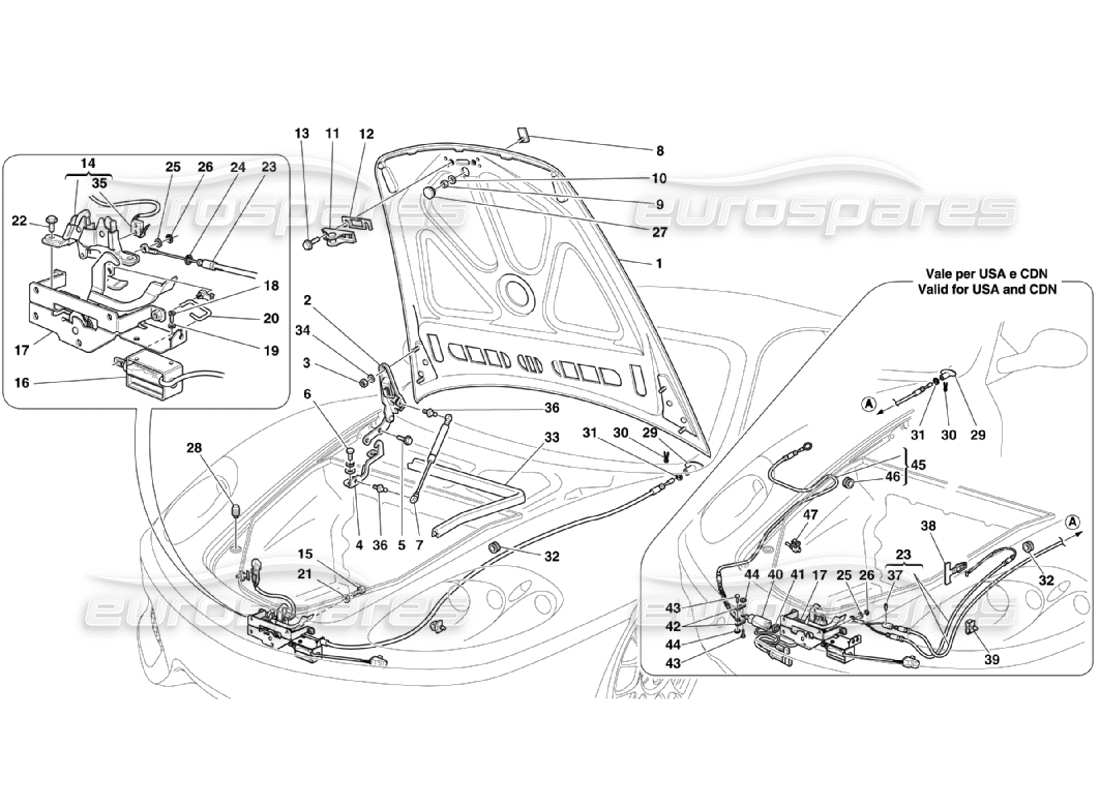 Ferrari 360 Challenge Stradale Fronthaube und Öffnungsvorrichtung Teilediagramm