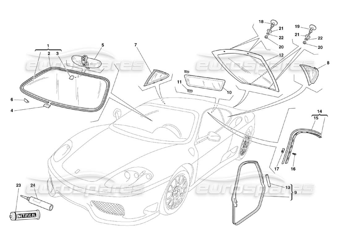 Ferrari 360 Challenge Stradale Gläser und Dichtungen Teilediagramm