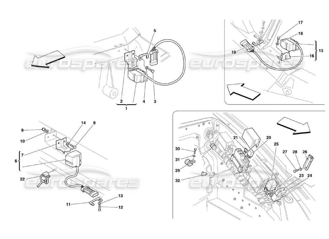 Ferrari 360 Challenge Stradale Elektrische Platinen und Sensoren im Vorder- und Motorraum Teildiagramm