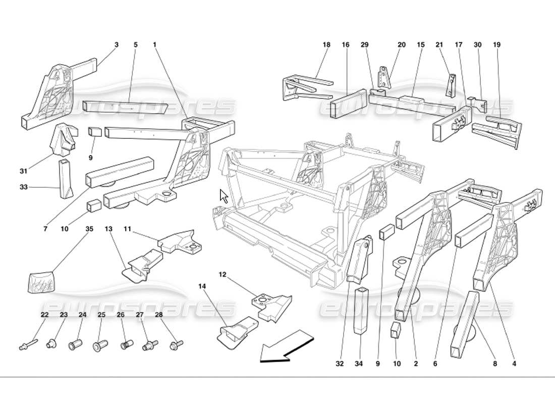 Ferrari 360 Modena Untergruppen der hinteren Rahmenelemente Teilediagramm