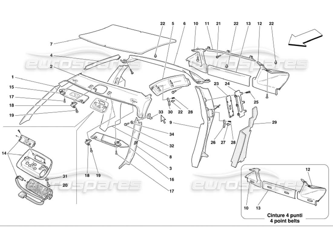 Ferrari 360 Modena Dachpaneelpolsterung und Zubehör Teilediagramm