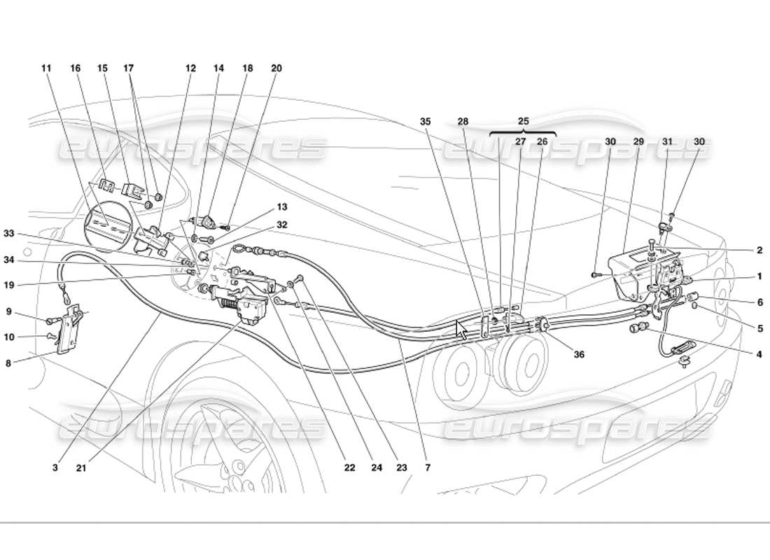 Ferrari 360 Modena Öffnungsvorrichtungen für Motorhaube und Gastür Teilediagramm