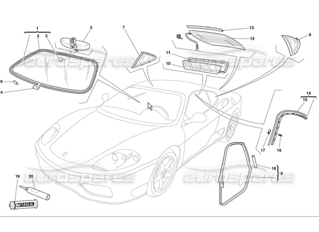Ferrari 360 Modena Gläser und Dichtungen Teilediagramm