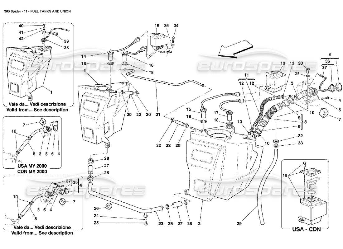 Ferrari 360 Spider Kraftstofftanks und Union Teilediagramm