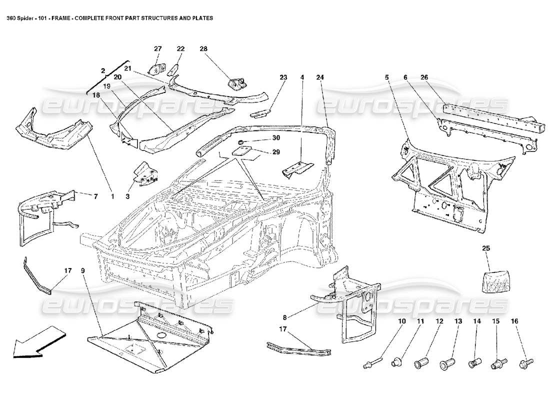 Ferrari 360 Spider Rahmen – Komplette Vorderteilstrukturen und Platten Teilediagramm