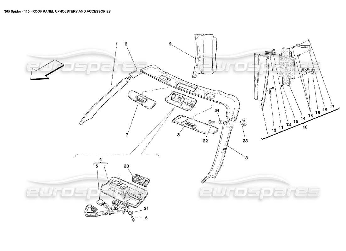 Ferrari 360 Spider Dachpaneelpolsterung und Zubehör Teilediagramm