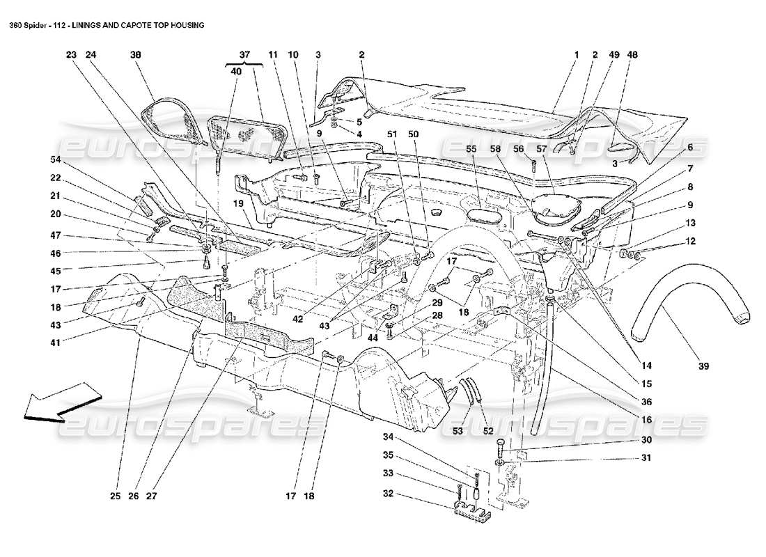 Ferrari 360 Spider Auskleidungen und Capote-Obergehäuse Teilediagramm