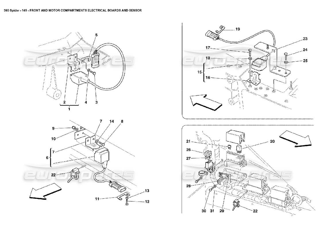 Ferrari 360 Spider Elektrische Platinen und Sensoren im Vorder- und Motorraum Teilediagramm