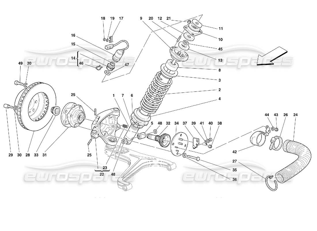 Ferrari 355 (2.7 Motronic) Vorderradaufhängung – Stoßdämpfer und Bremsscheibe Teilediagramm