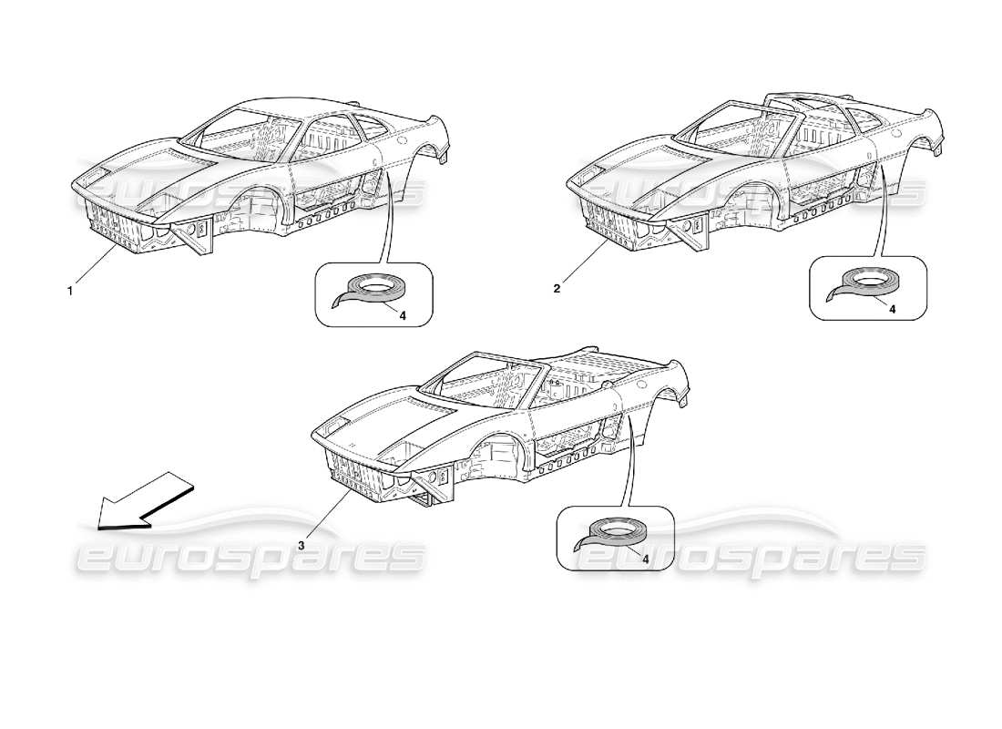 Ferrari 355 (2.7 Motronic) Körper – Allgemeine Einheiten Teilediagramm