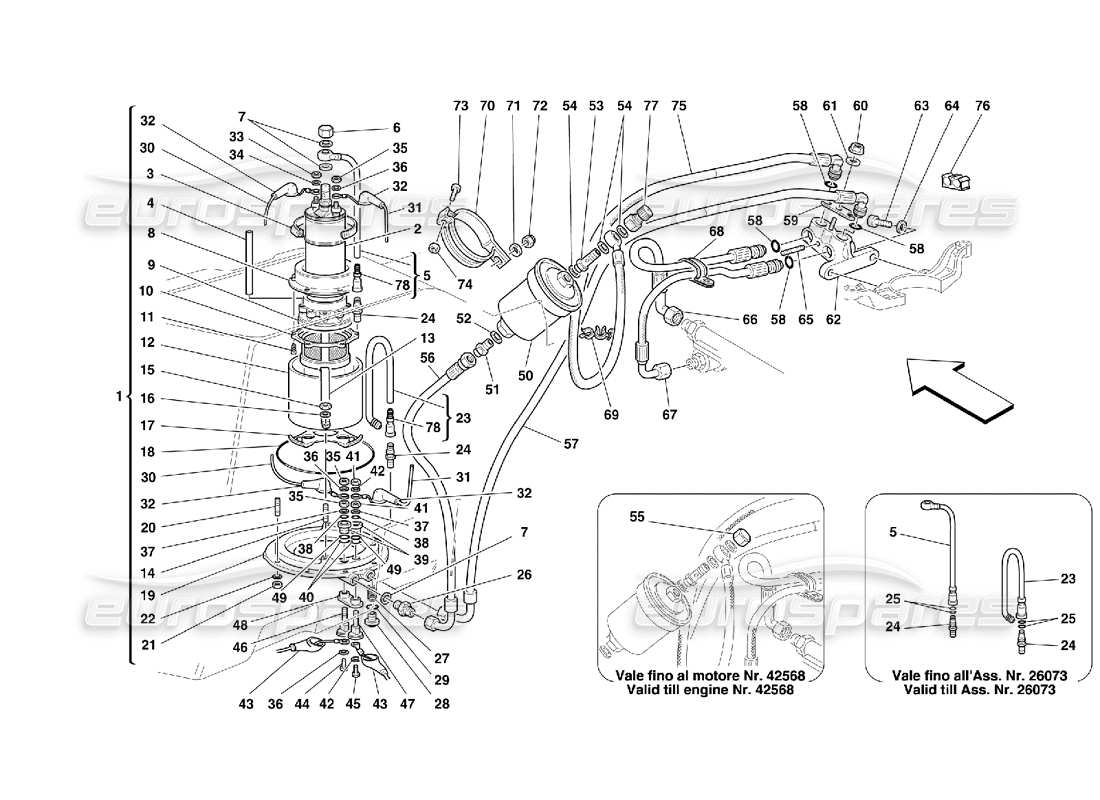 Ferrari 355 (5.2 Motronic) Kraftstoffpumpe und Rohre Teilediagramm