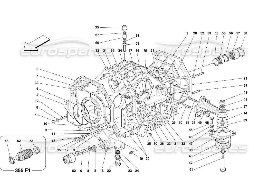 Ferrari 355 (5.2 Motronic) Getriebe-Differentialgehäuse und Zwischengehäuse Teildiagramm