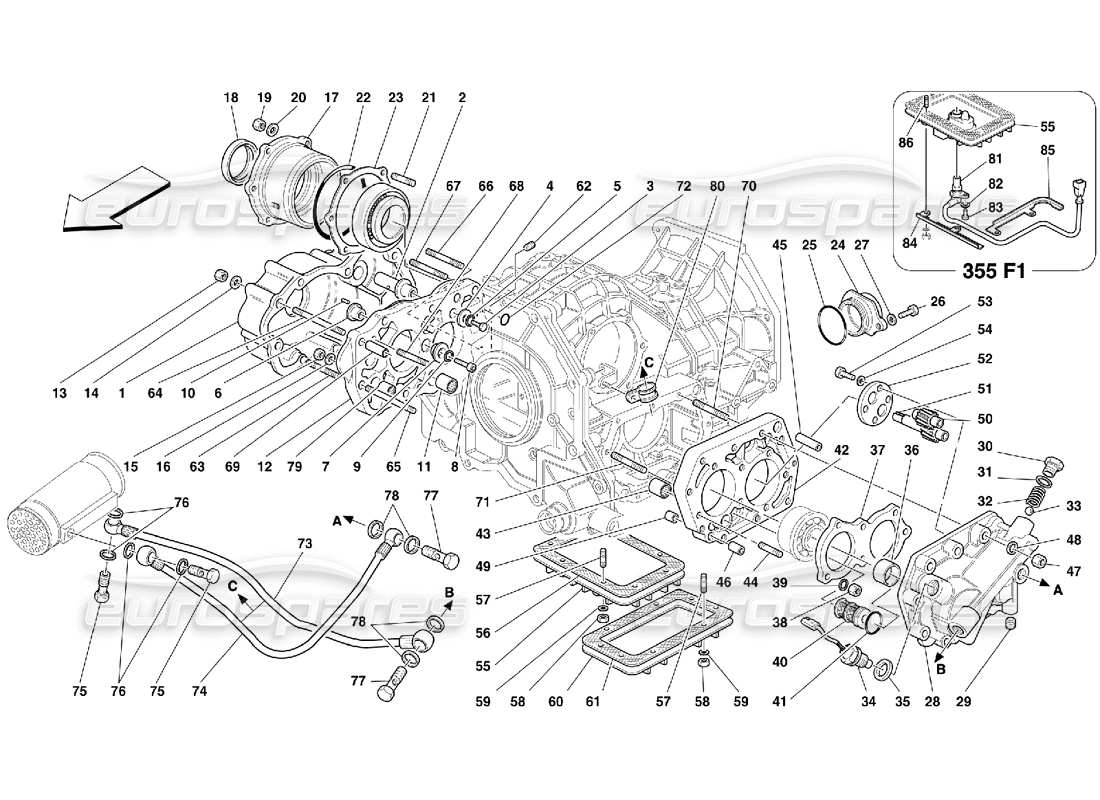 Ferrari 355 (5.2 Motronic) Getriebeabdeckungen und Schmierung Teildiagramm
