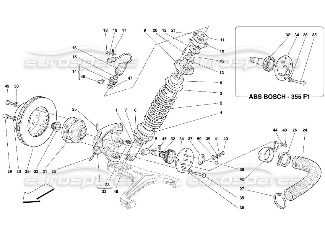 Ferrari 355 (5.2 Motronic) Vorderradaufhängung – Stoßdämpfer und Bremsscheibe Teildiagramm