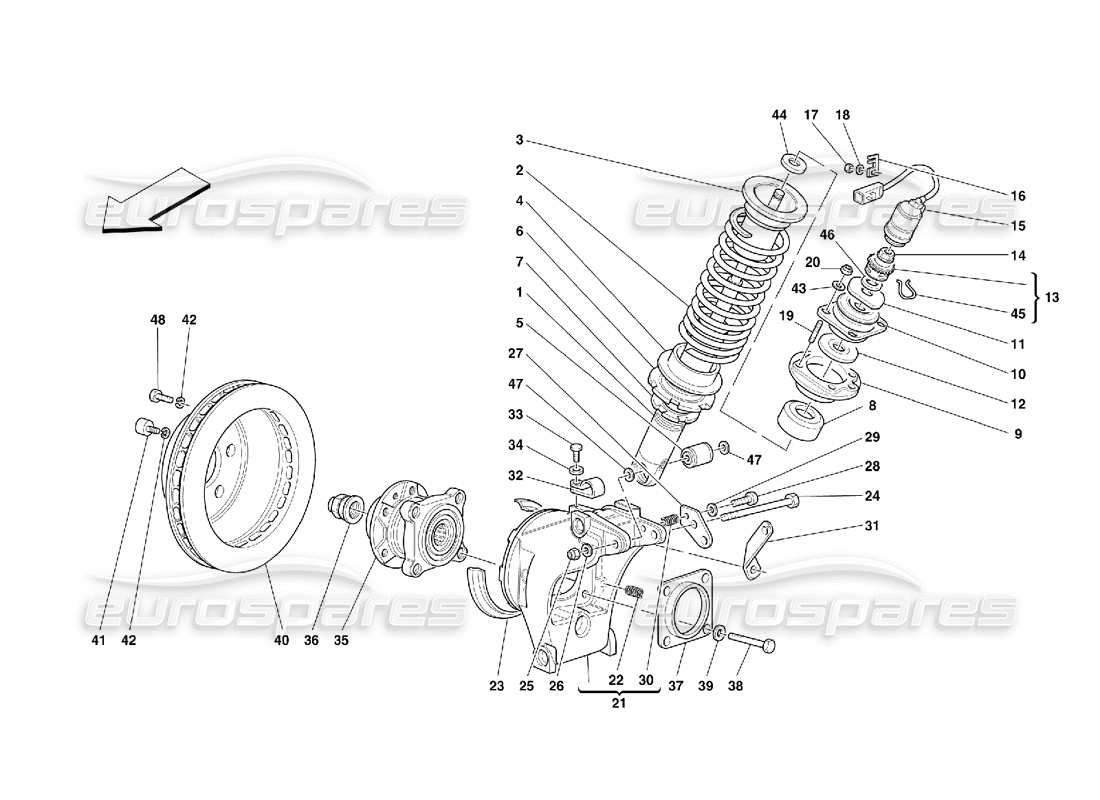 Ferrari 355 (5.2 Motronic) Hinterradaufhängung – Stoßdämpfer und Bremsscheibe Teildiagramm
