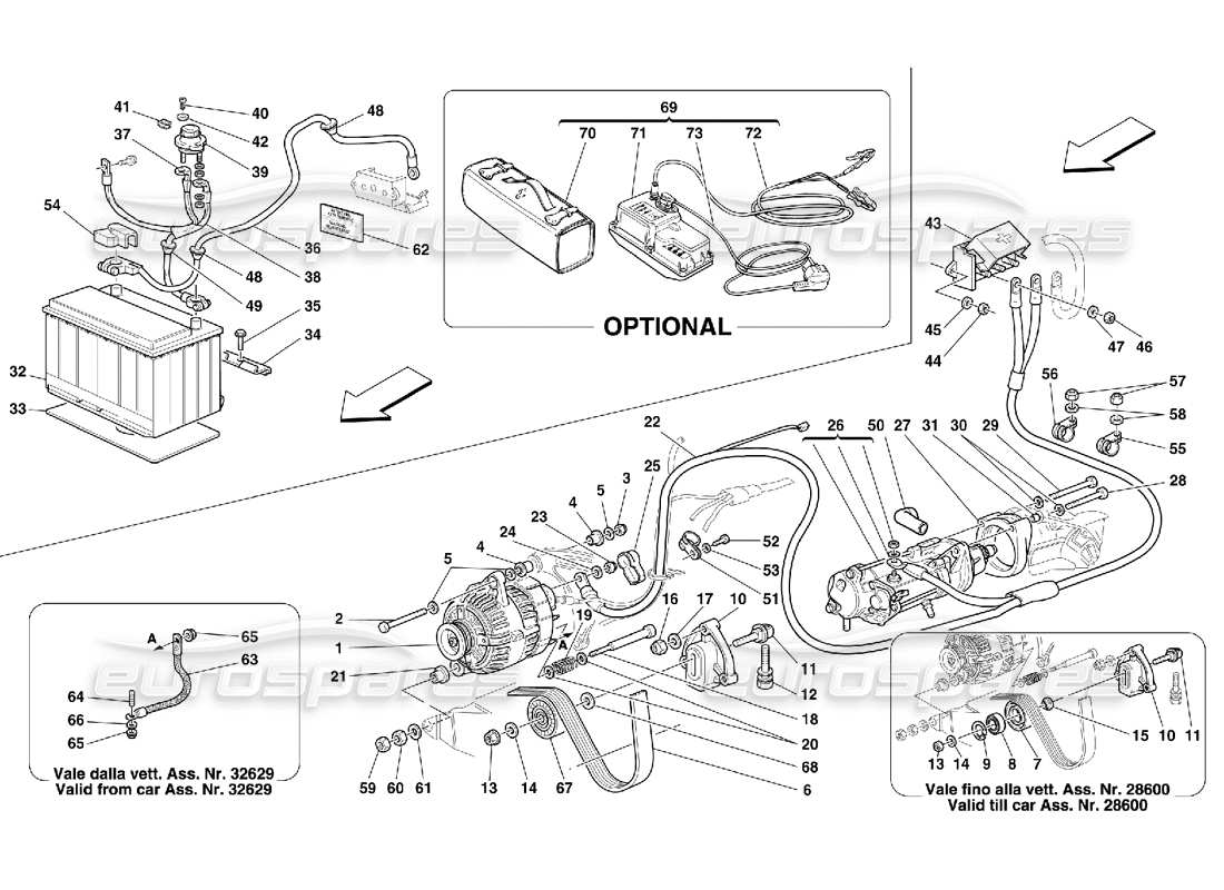 Ferrari 355 (5.2 Motronic) Stromgenerator – Anlasser – Batterie Teilediagramm