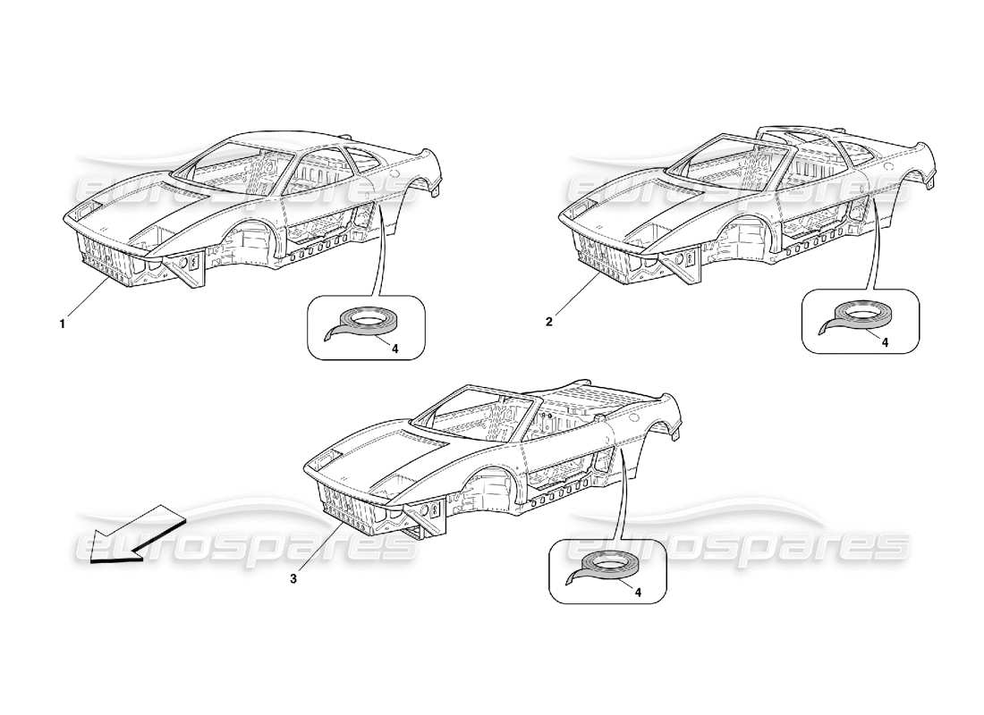 Ferrari 355 (5.2 Motronic) Körper – Allgemeine Einheiten Teilediagramm