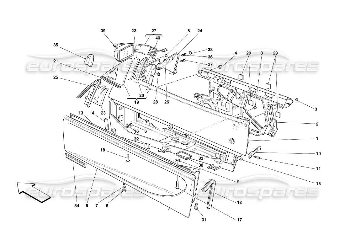 Ferrari 355 (5.2 Motronic) Türen – Rahmen und Rückspiegel Teildiagramm