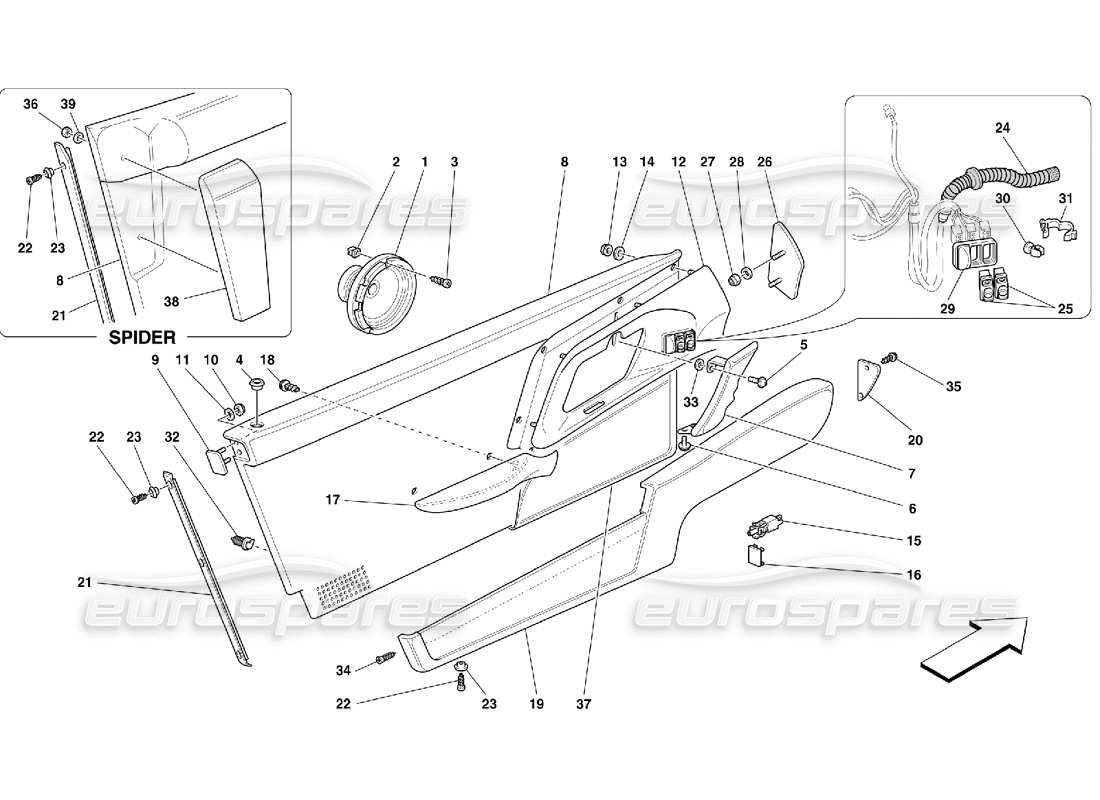 Ferrari 355 (5.2 Motronic) Türen – Innenverkleidungen Teildiagramm