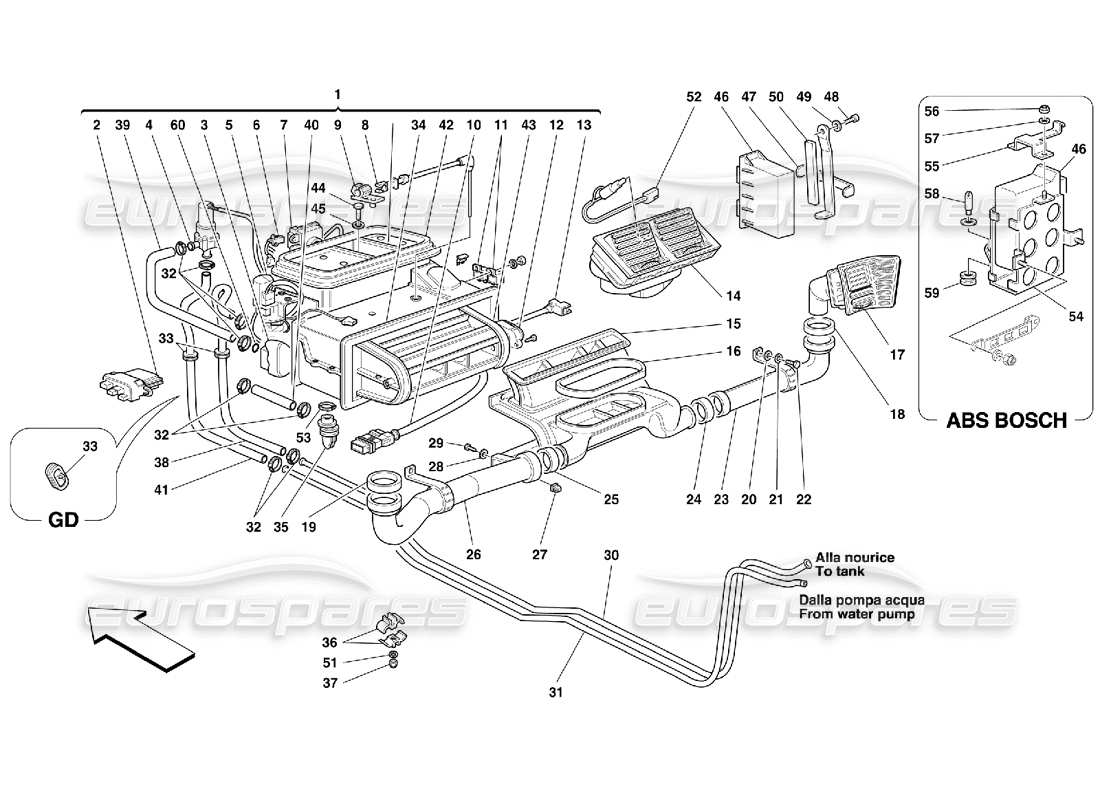 Ferrari 355 (5.2 Motronic) Verdampfereinheit und Belüftung des Fahrgastraums Teildiagramm