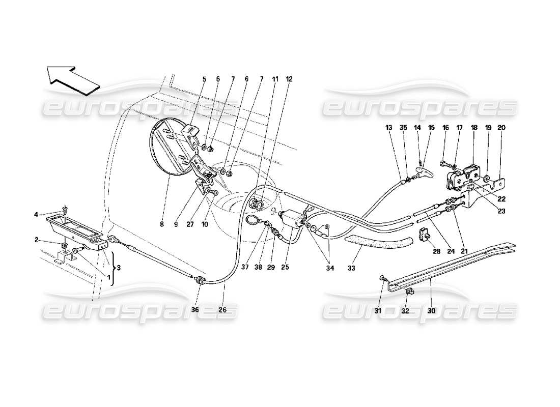 Ferrari 348 (2.7 Motronic) Öffnungsvorrichtungen für Heckhaube und Gastür Teilediagramm