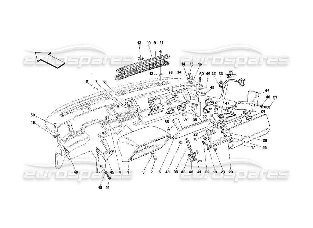 Ferrari 348 (2.7 Motronic) Armaturenbrett – Verkleidung und Zubehör Teilediagramm