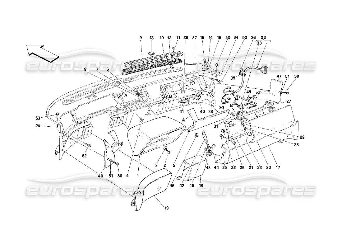 Ferrari 348 (2.7 Motronic) Armaturenbrett – Verkleidung und Zubehör Teilediagramm