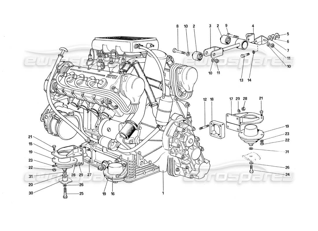 Ferrari 328 (1985) Motor – Getriebe und Stützen Teilediagramm