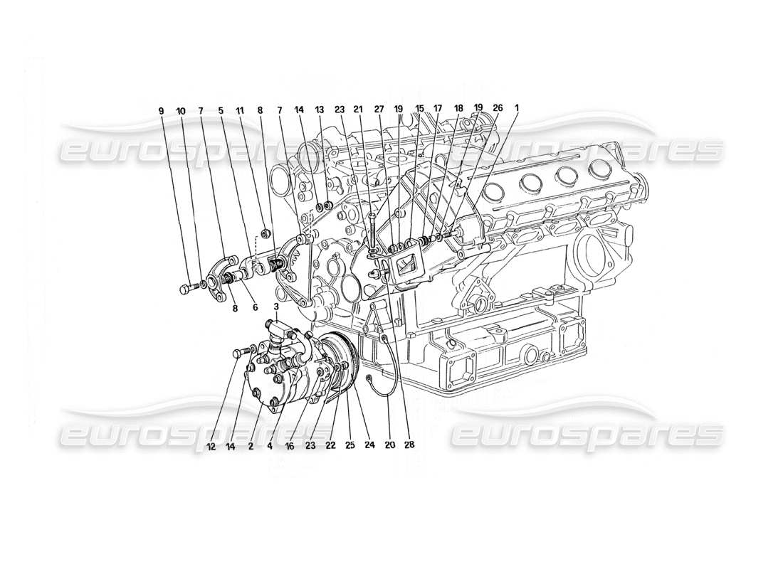 Ferrari 328 (1985) Teildiagramm des Klimaanlagenkompressors und der Bedienelemente (nicht für US-Version).