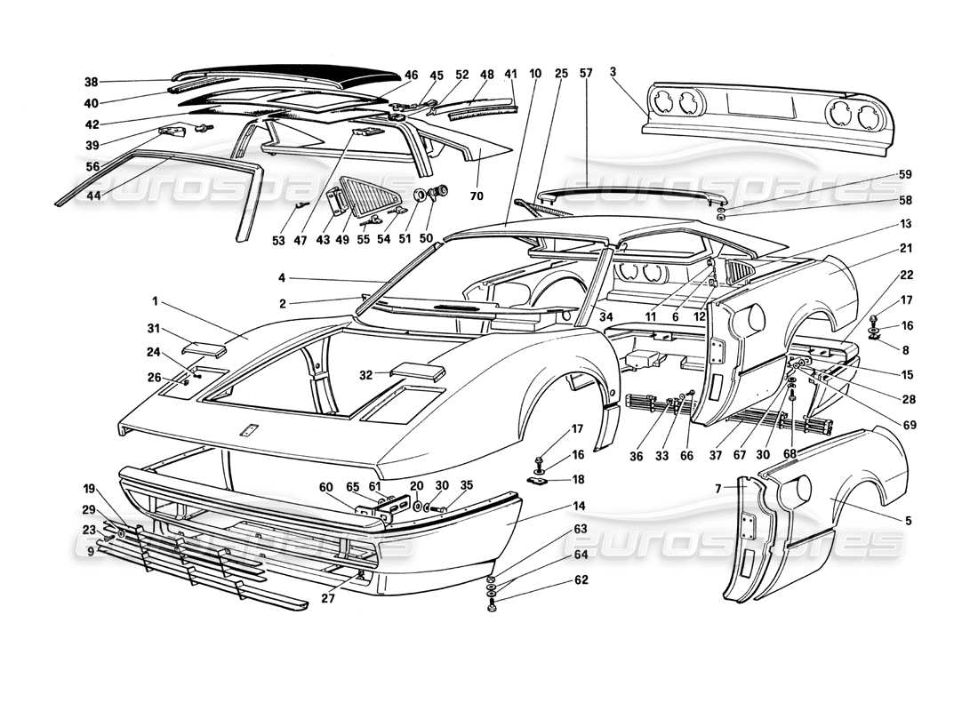 Ferrari 328 (1985) Karosserie – äußere Elemente (nicht für US- und SA-Version), Teildiagramm