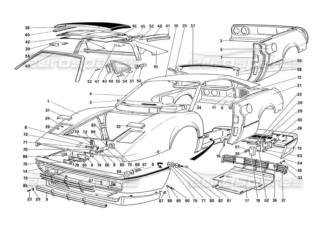 Ferrari 328 (1985) Karosserie – äußere Elemente (für US- und SA-Version), Teildiagramm