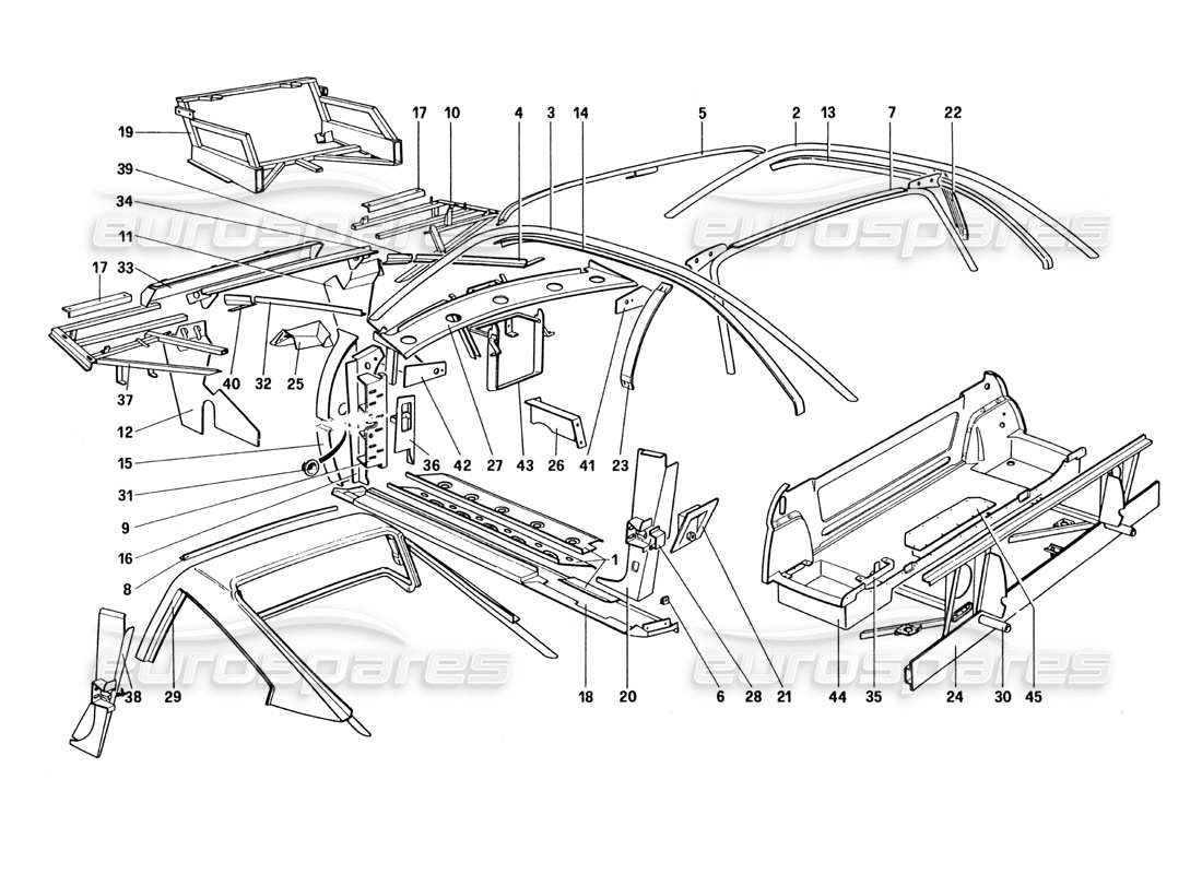 Ferrari 328 (1985) Körperschale – innere Elemente (Nicht für US- und SA-Version) Teildiagramm