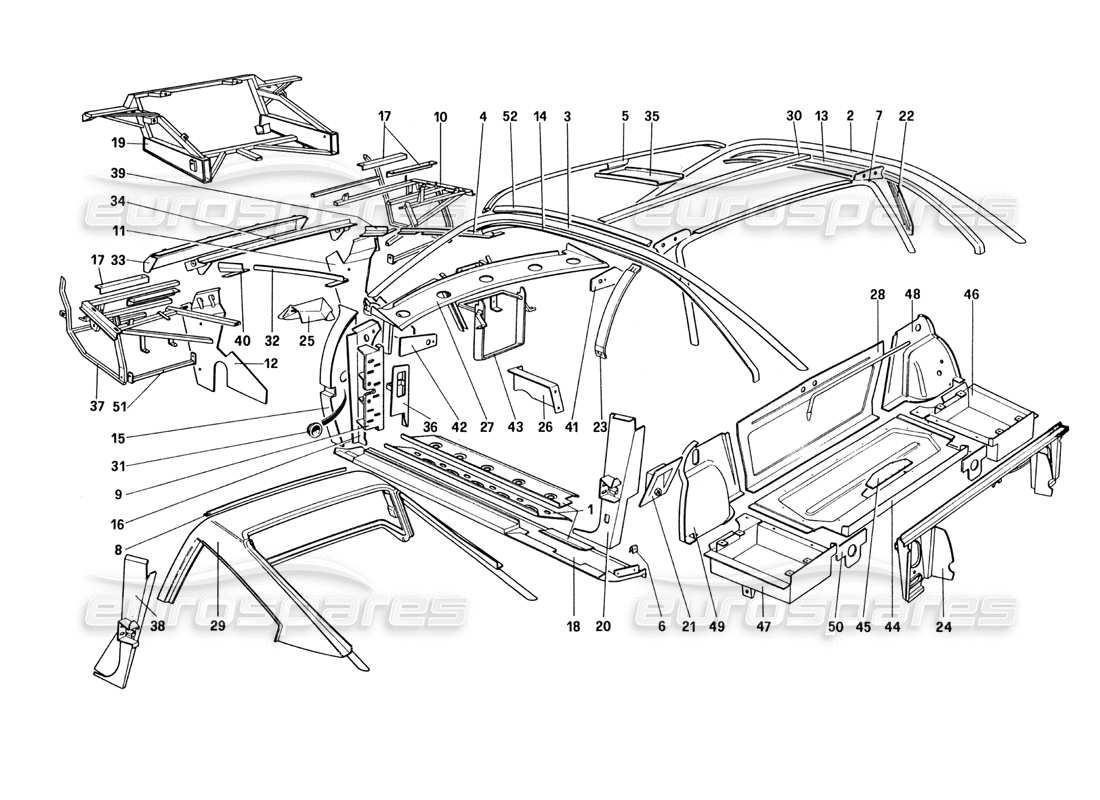 Ferrari 328 (1985) Körperschale – innere Elemente (für US- und SA-Version) Teildiagramm