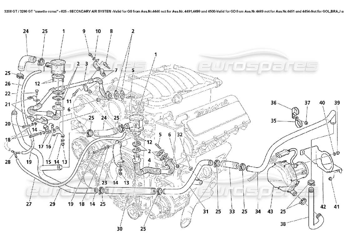 Maserati 3200 GT/GTA/Assetto Corsa Sekundärluftsystem -Gültig für GS ab Ass.Nr.4446 Nicht für Ass.Nr. 4491,4499 und 4500-Valid für GD von 4469 nicht für Ass.Nr.4451 und 4454-Not für Gol,Bra,J und Aus-Teildiagramm