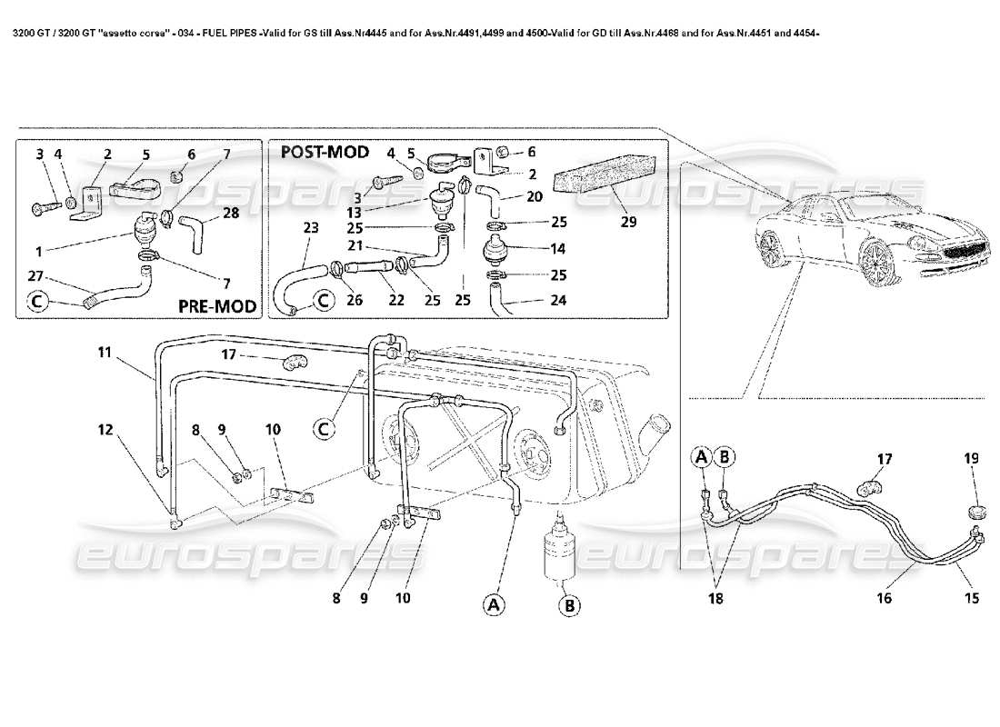 Maserati 3200 GT/GTA/Assetto Corsa Kraftstoffleitungen – Gültig für GS Till Ass.Nr4445 und für Ass.Nr.4491,4499 und 4500-Valid für GD Till Ass.Nr.4468 und für 4451 und 4454- Teildiagramm